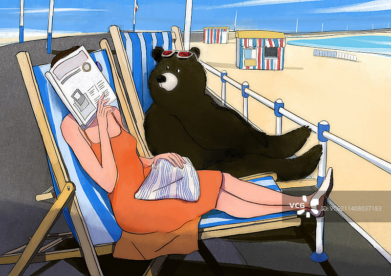 在海边长椅上度假休息的女孩和小熊图片素材