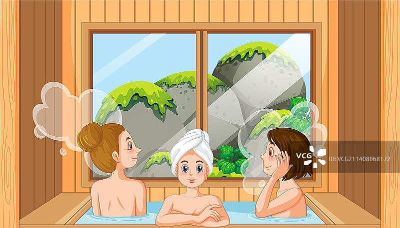 三个女人在热水浴缸中享受水疗图片素材