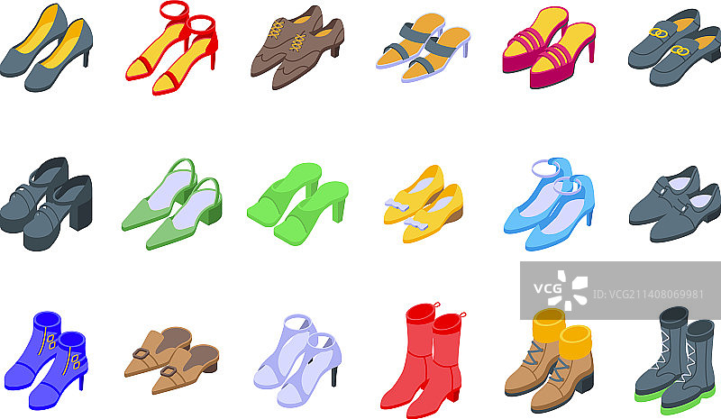高跟鞋女鞋等距图标集图片素材