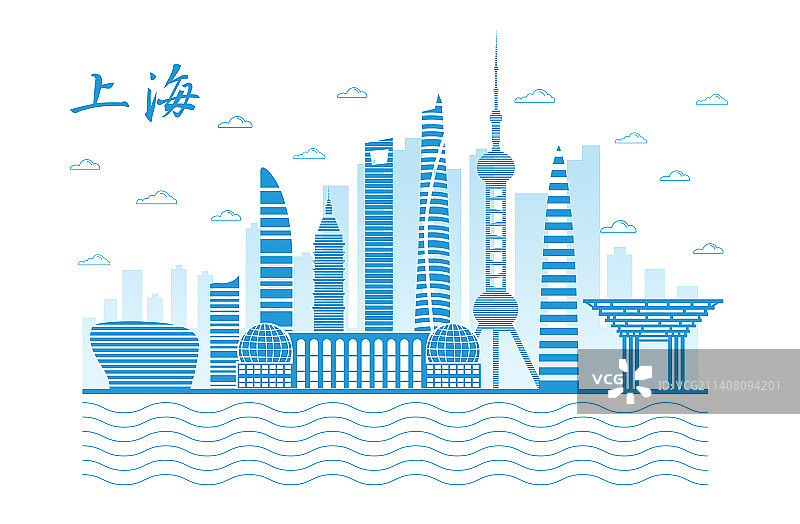 中国上海城市景观扁平线性矢量插画图片素材