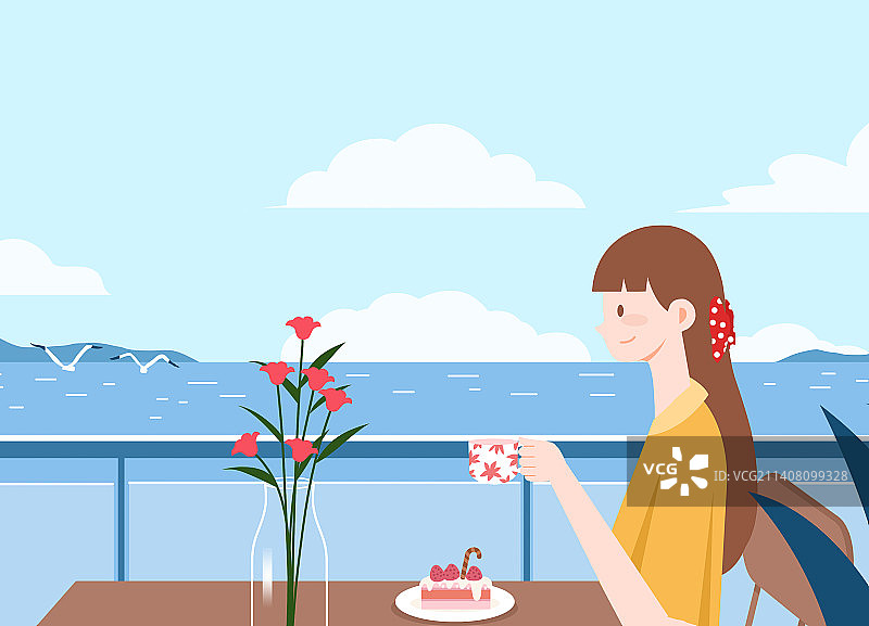 可爱卡通女孩下午茶休憩享受生活方式度假海边插画图片素材