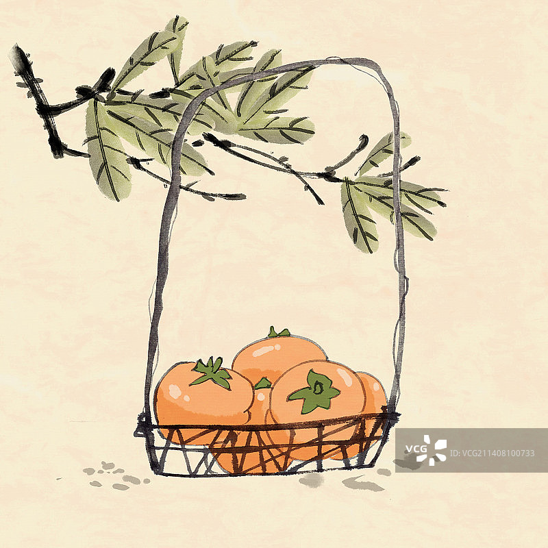 中国水墨国潮风格古风意境植物篮子柿子树叶插画图片素材