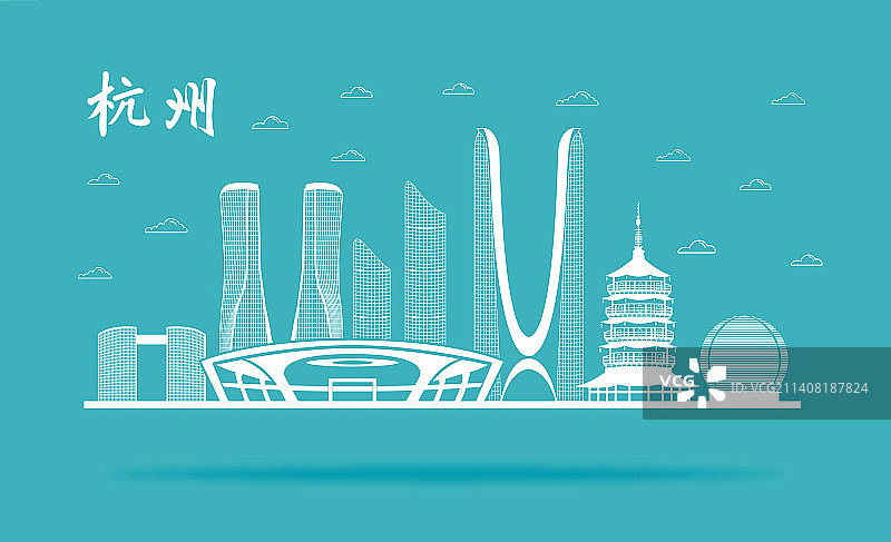 中国杭州城市景观扁平线性矢量插画图片素材