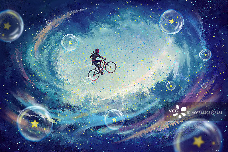 骑着自行车的少女飞翔在梦幻的星空中插画壁纸图片素材