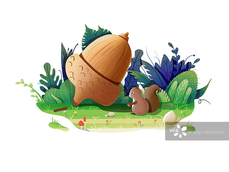 绿色植物松鼠小场景肌理风清新可爱插画图片素材