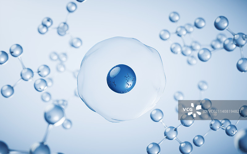 透明细胞与蓝色背景3D渲染图片素材