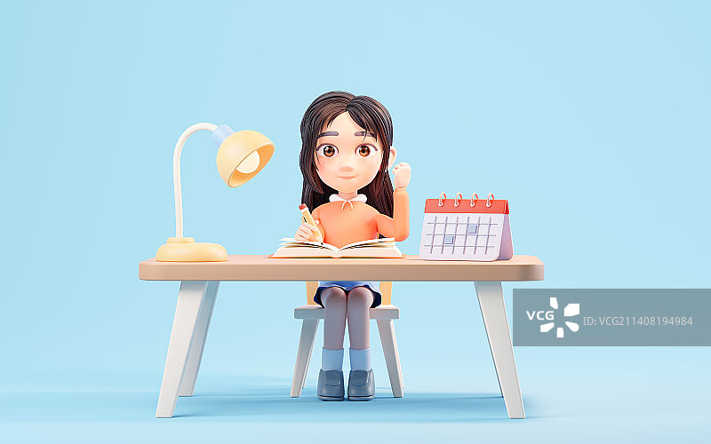 认真学习的卡通女孩3D渲染图片素材