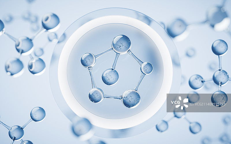 透明分子与蓝色背景3D渲染图片素材