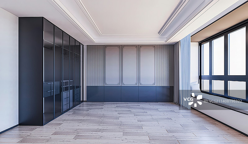 现代简约风格样板房卧室和飘窗渲染图图片素材