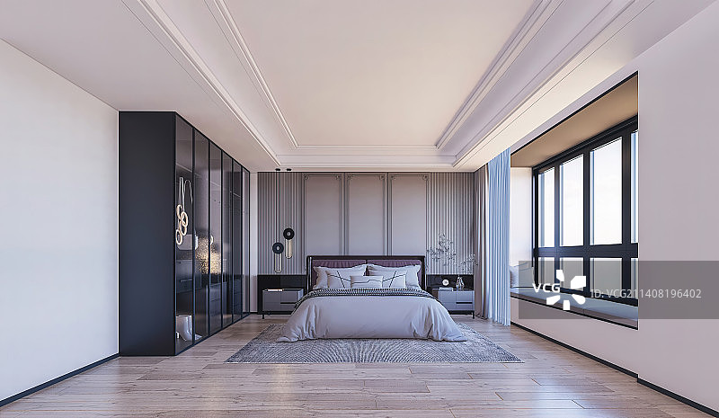 现代简约风格样板房卧室和飘窗渲染图图片素材