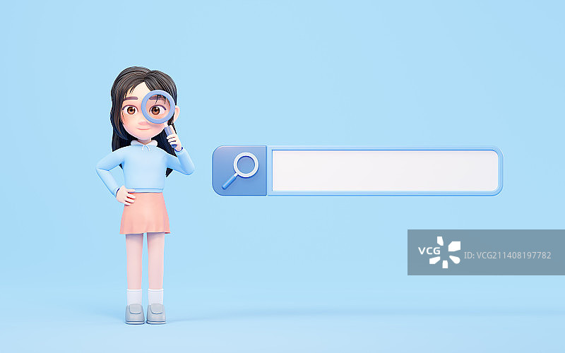 卡通女孩与搜索工具3D渲染图片素材