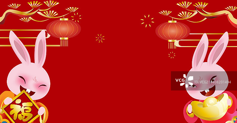 新春小兔子给大家送福送财宝背景插画图片素材