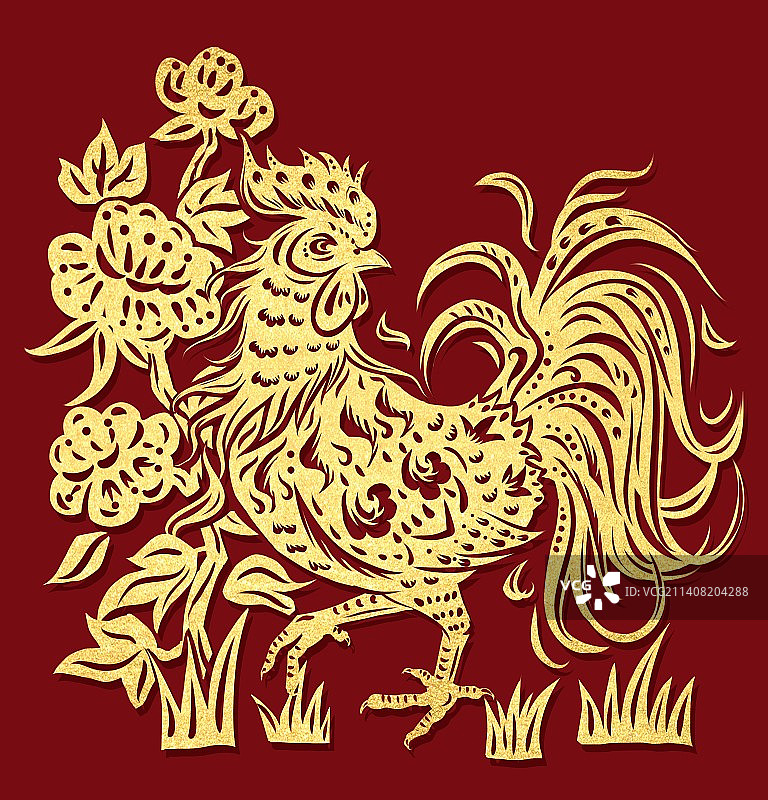 十二生肖剪纸金色鸡图片素材