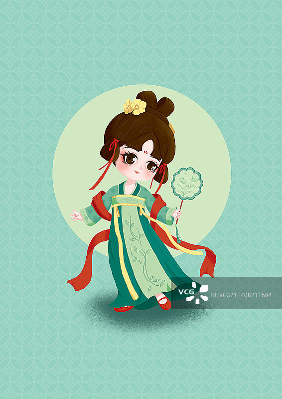 Q版拿着团扇穿着唐装的古风女孩图片素材
