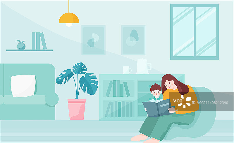 亲子阅读扁平插画图片素材