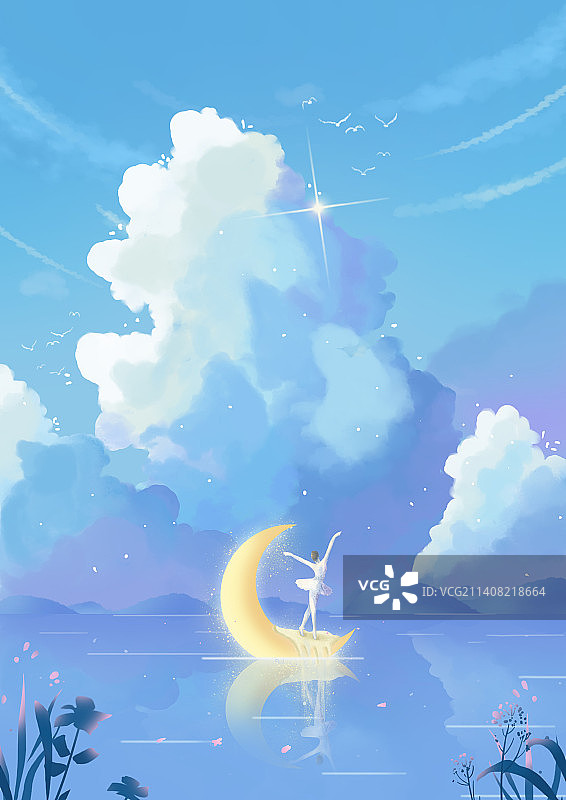 治愈插画蓝天白云安静壁纸图片素材