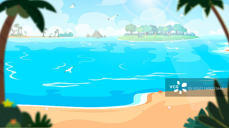 沙滩海边贝壳椰子树海岛大海海洋场景插画图片素材