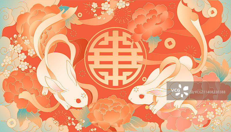 兔年玉兔牡丹梅花祥瑞花纹国潮插画图片素材