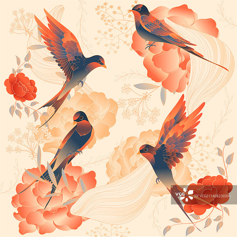牡丹红茶花燕子金丝燕燕窝国潮描边插画图片素材