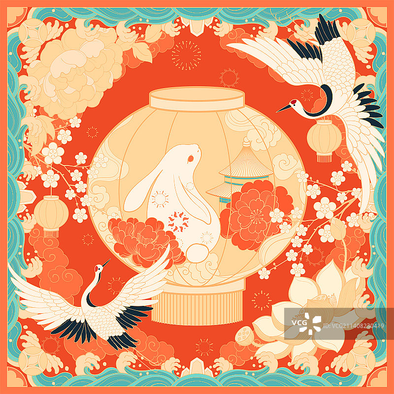牡丹富贵玉兔白鹤梅花灯笼国潮纹样插画图片素材