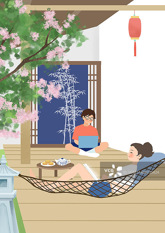 情侣在庭院中图片素材