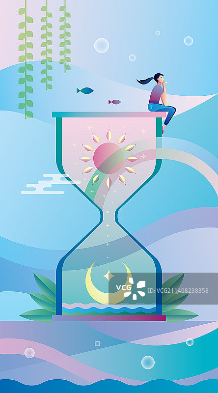少女和时光沙漏插画壁纸图片素材