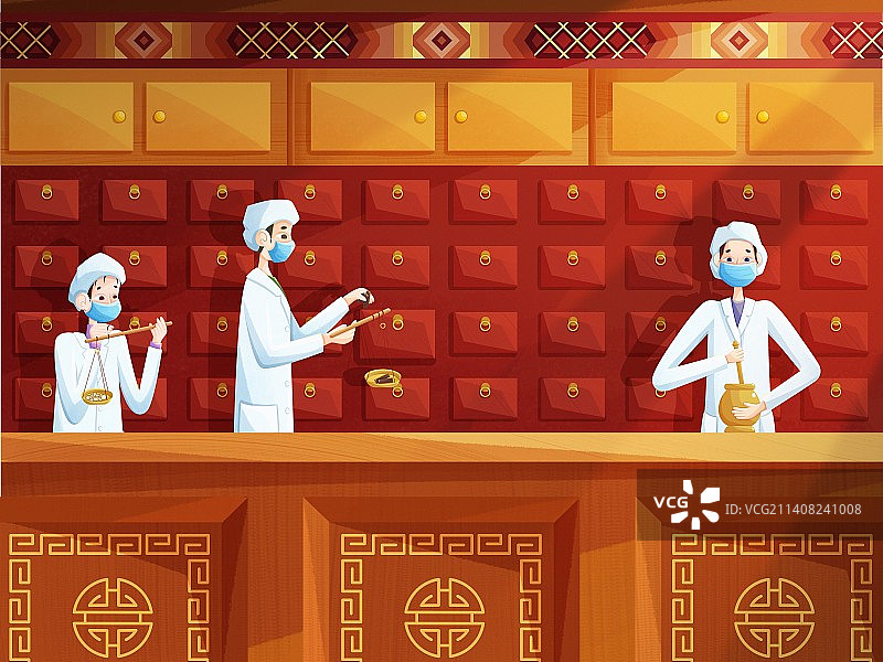 中医药房药剂师抓药工作场景插画图片素材