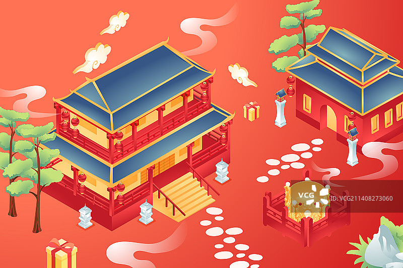 卡通2.5d等距古建筑兔年团圆新年兔年春节元旦除夕年货节消费购物节电商旅游春运中国风国潮风矢量插画图片素材