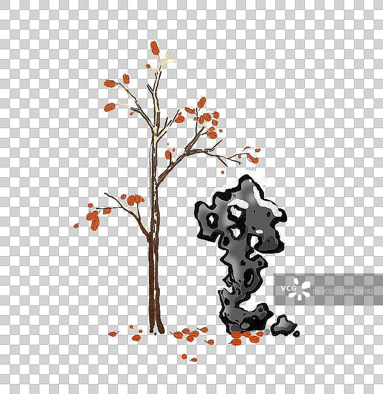 树木太湖石中国风手绘水墨设计国风元素图片素材