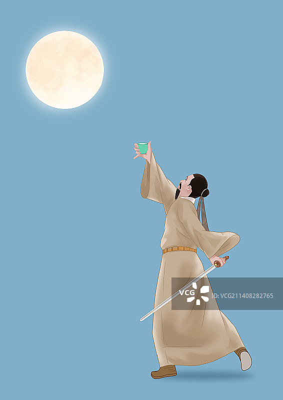 古代古时候唐代唐朝伟大诗人李白饮酒舞剑创意插画图片素材