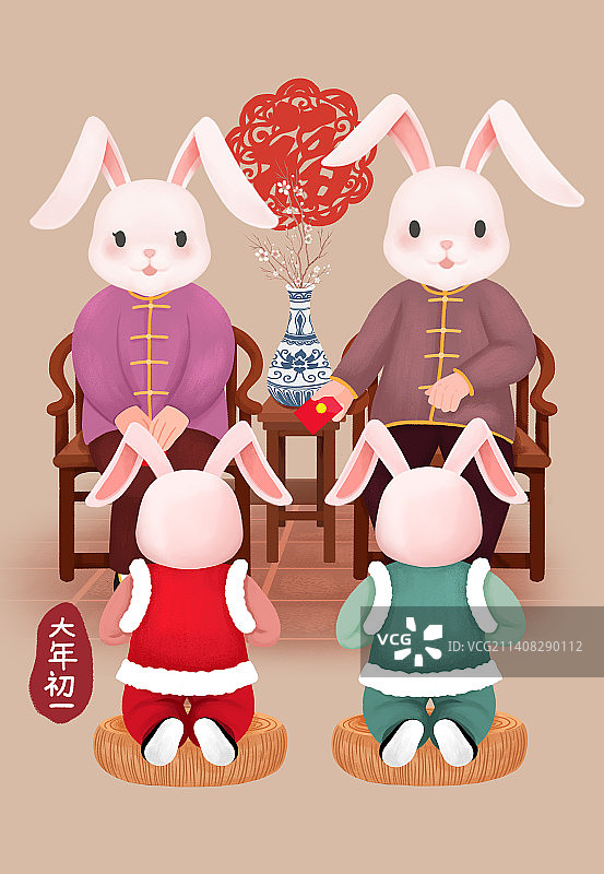 中国传统大年初一拜年年俗插画图片素材