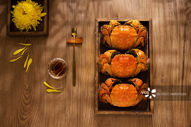 桌上一盘大闸蟹和蘸料图片素材