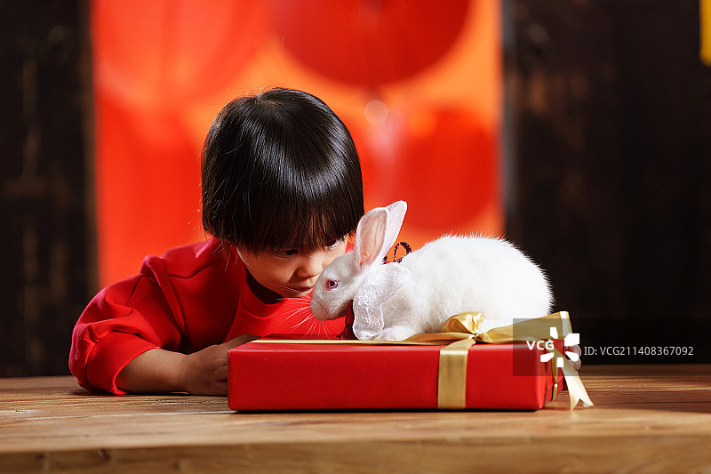可爱的小男孩收到新年礼物小兔子图片素材
