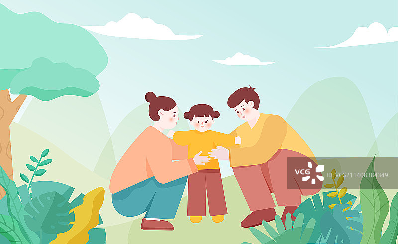 一家三口郊外游玩亲子扁平插画图片素材
