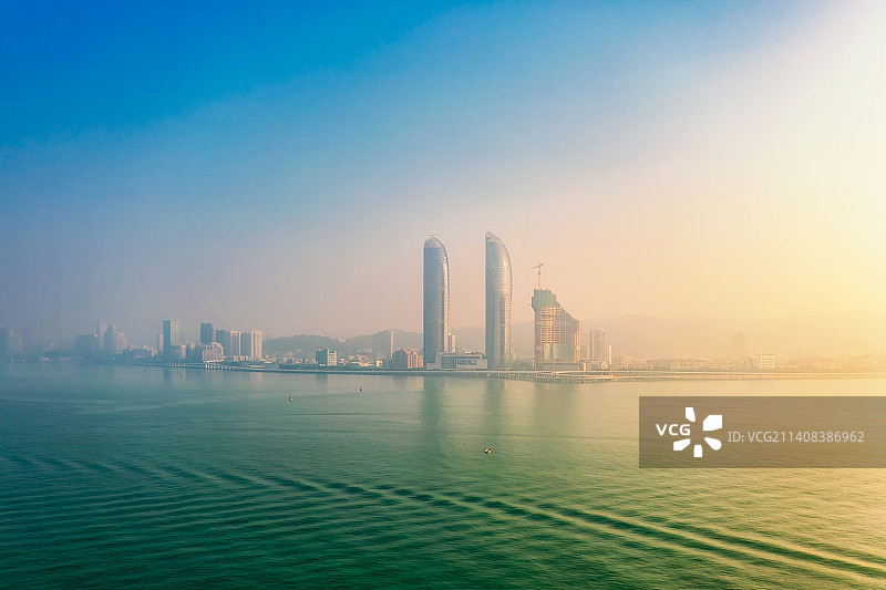 福建省厦门市思明区世茂Emall双子塔都市风光与城市天际线航拍图片素材