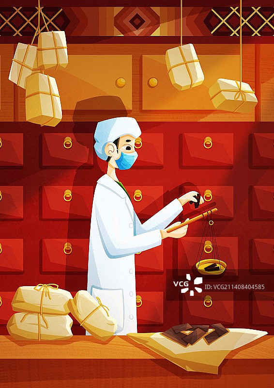 药剂师中药柜子抓药卡通插画图片素材