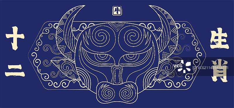 牛年十二生肖贺新春，金色线描中国风纹样卡通形象矢量插画图片素材