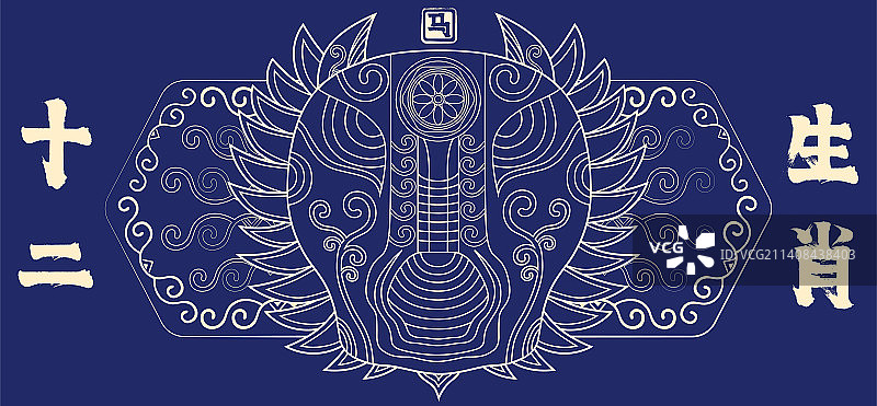 马年十二生肖贺新春，金色线描中国风纹样卡通形象矢量插画图片素材