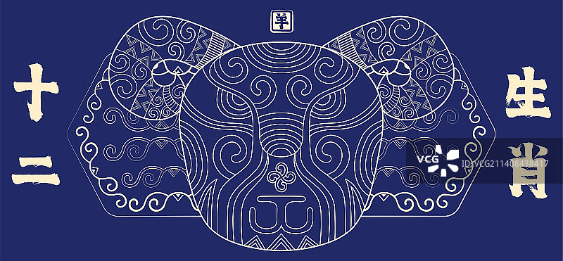 羊年十二生肖贺新春，金色线描中国风纹样卡通形象矢量插画图片素材