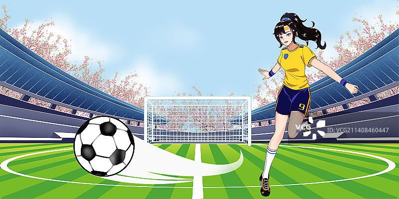 足球少女 樱花 足球场 草地图片素材