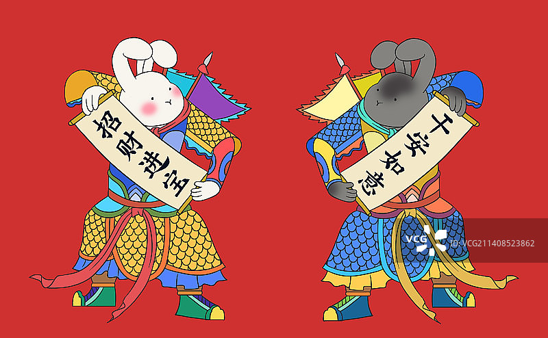 中国风新中式国潮风2023年元旦兔年门神兔子拟人化新年新春春节过年元素插画图片素材