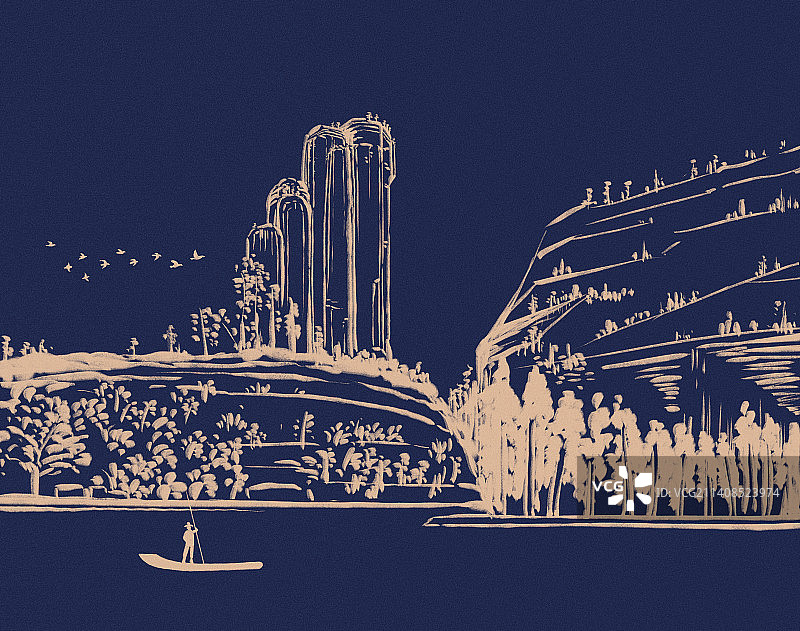 蓝金武夷山玉女峰山水插画，中国传统文化武夷山九曲竹筏漂流插画，新年春节金融汽车行业房地产高端庆典宣传图片素材