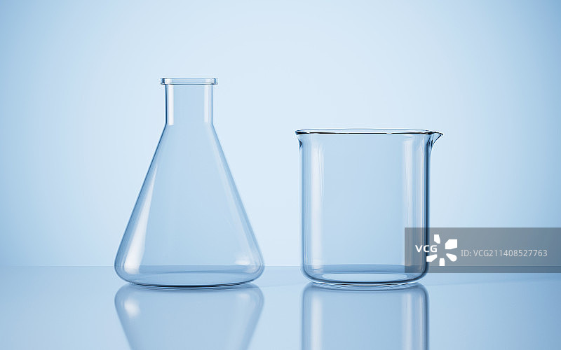 玻璃烧杯与锥形瓶3D渲染图片素材