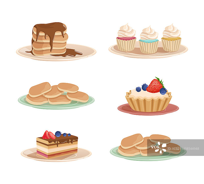 美味甜点：纸杯蛋糕、薄烤饼和馅饼图片素材