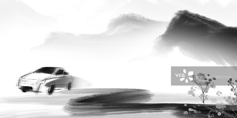 国风山水汽车创意设计插画图片素材