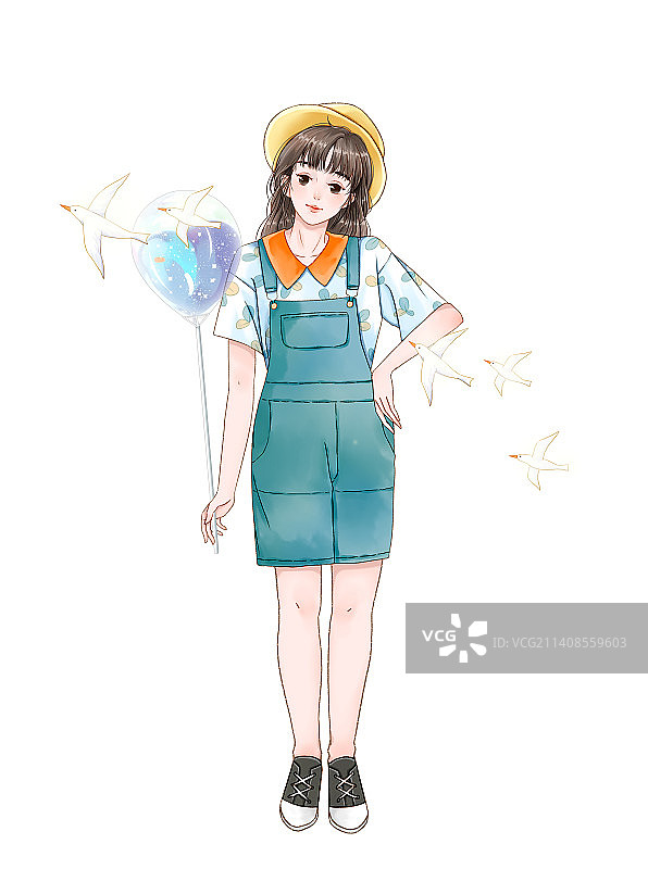 头戴草帽身穿蓝色背带裤手拿气球的少女图片素材