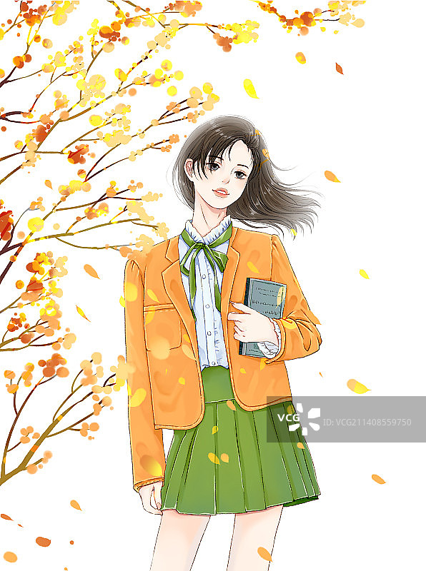 站在黄色落叶树下的女学生图片素材