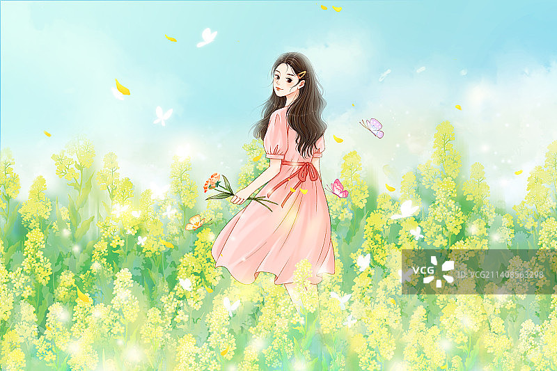 在油菜花丛中的粉裙少女图片素材