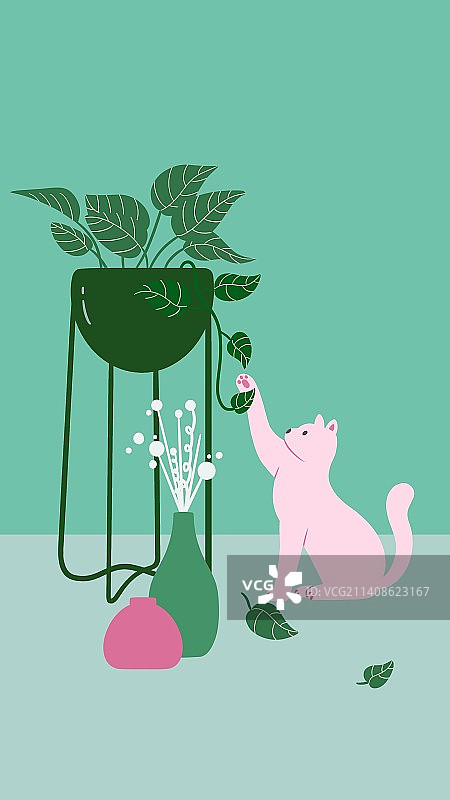 猫咪绿植扁平壁纸插画图片素材