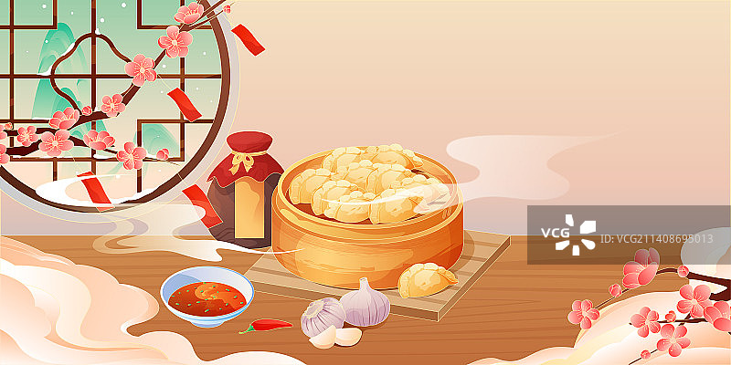 节气立冬蒸饺和黄酒红梅图片素材